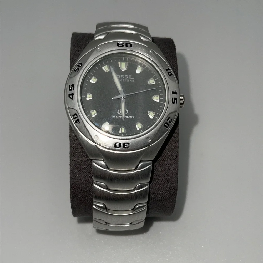Vintage Fossil Blue Gray Dial Stainless Steel Silver Watch